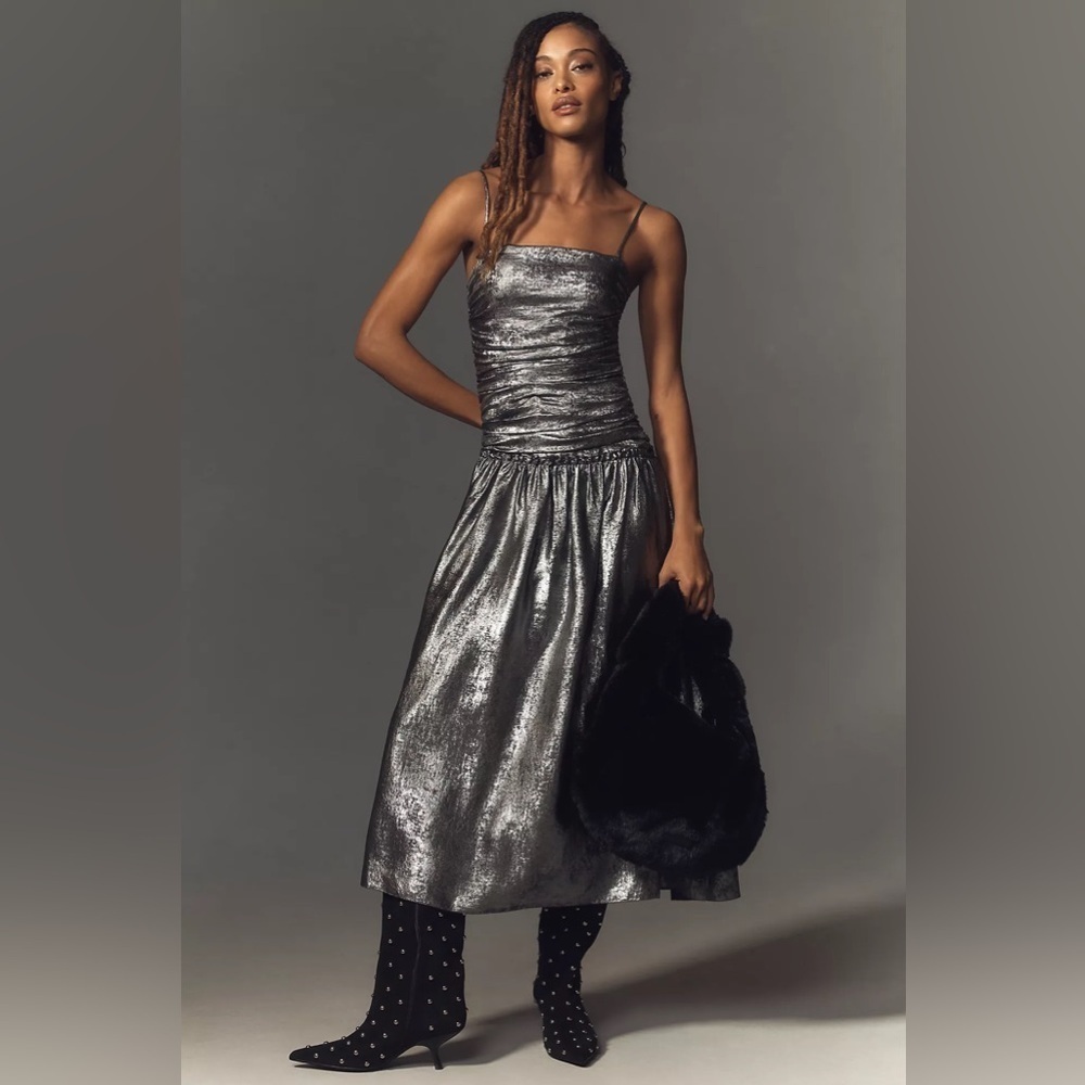 NWT! Anthropologie La Maise Studio Ruched Drop-Waist Foil Midi Dress 🗝️ 💠